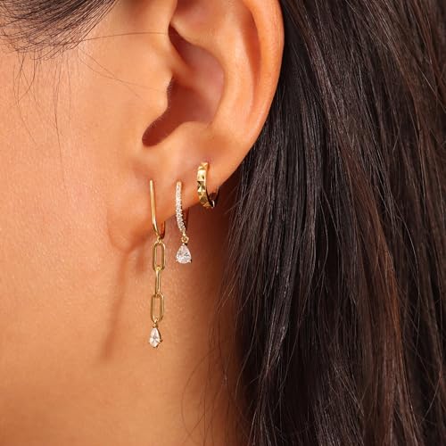 Freekiss 3 Pairs Hoop Earrings Set - Dainty Stud Dangle Cartilage for Women | Hypoallergenic Earrings, Cubic Zirconia Stackable Trendy Small Set Jewelry Gifts for Women - style: 3CZ Teardrop Set-gd