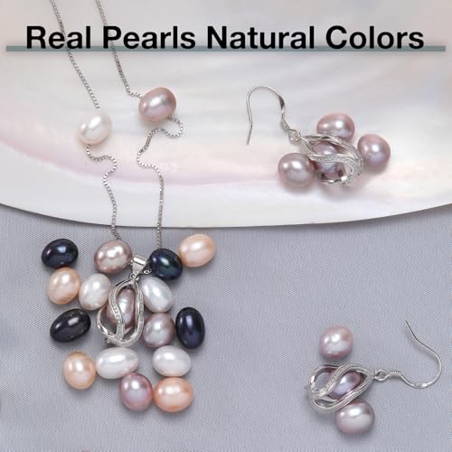 Pearl Jewelry Set For Women S925 Sterling Silver/14K Gold Plated Necklace & Earrings Set Freshwater Pearl Pendant Cage Set for Wedding Anniversary Prom Birthday Gift - color: Silvery-Purple