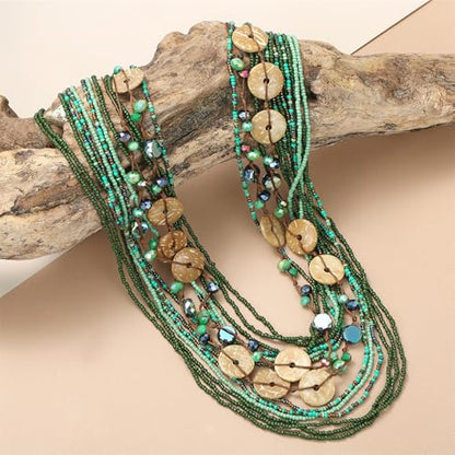 Elisheva Beaded Statement Necklace, Bohemian Layered Wood Bead and Turquoise Necklace, Chunky Coconut Shell Collar Necklace, Tribal Collar Jewelry for Women - color: multi layered green