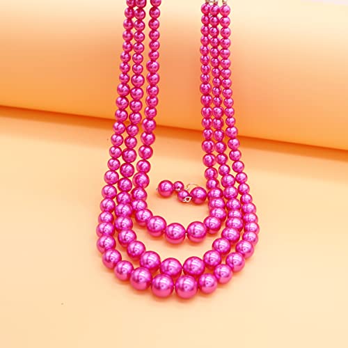 Chunky Layered Imitation Pearl Necklace for Women 3 strand Pearl Necklaces Faux Pearl Necklace Earrings Set 1920s Flapper Gatsby Costume Accessories - color: 3 strand pearl necklace Fuchsia