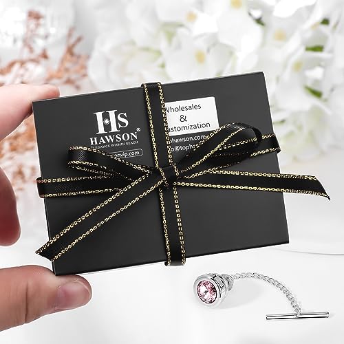 HAWSON Mens Tie Tack with Chain Round Crystal Wedding Business Accessories - color: Silver + Light Rose
