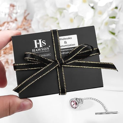 HAWSON Mens Tie Tack with Chain Round Crystal Wedding Business Accessories - color: Silver + Light Rose