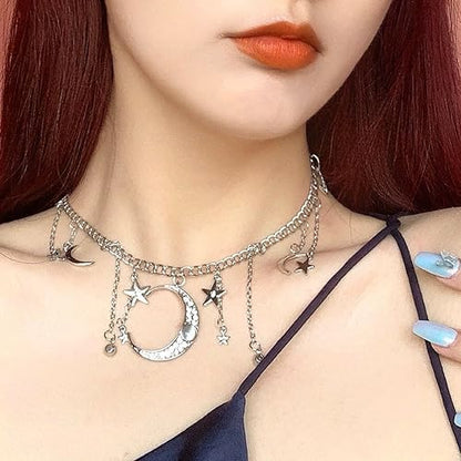 Moon Stars Tassel Pendant Necklaces Big Moon Clavicle Necklace Star Tassel Collarbone Chain Fashion Moon Choker Celestial Star Long Tassel Neck Accessories Jewelry for Women - color: Silver