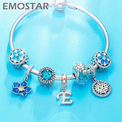 EMOSTAR Letter Charms Initial A-Z Alphabet Beads, Rose Gold 925 Sterling Silver Dangle CZ Birthstone Pendant, Gifts for European Charm Bracelet/Mothers Day/Birthday - color: Letter E