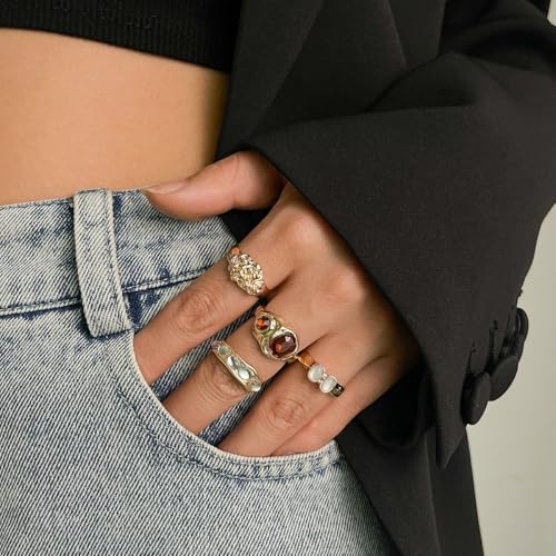 Chunky Knuckle Rings Set for Women Gold Irregular Chunky Ring Set Adjustable Open Knuckle Stacking Rings Dainty Crystal Rings Set Gold Silver Liquid Irregular Ring Set Y2k Statement Ring Unique Ring Jewelry - color: Gold1