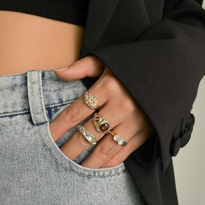 Chunky Knuckle Rings Set for Women Gold Irregular Chunky Ring Set Adjustable Open Knuckle Stacking Rings Dainty Crystal Rings Set Gold Silver Liquid Irregular Ring Set Y2k Statement Ring Unique Ring Jewelry - color: Gold1