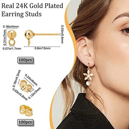Beebeecraft 100PCS 24K Gold Plated Earring Studs with Loop Ball Post Earring Findings with 100Pcs Butterfly Ear Back for DIY Jewelry Dangle Earring Making(15x7mm, Ball: 4mm) - color: Gold, size: 4mm Ball