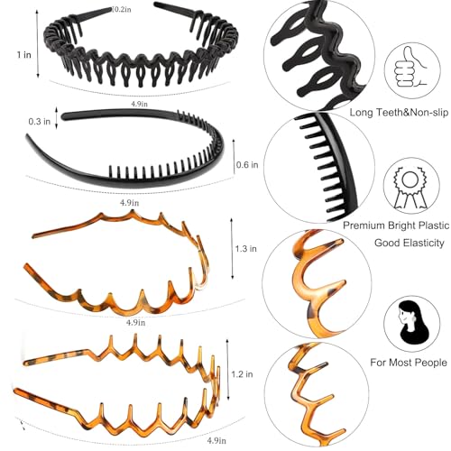 ULTIMUTE 8 PCS Fashion Effortless Plastic Headbands with Teeth Comb Black Skinny Headbands No Slip Hair Accessories Bands for Women Men Teen Girls, Leopard&Bright Black - color: Leopard&Bright Black