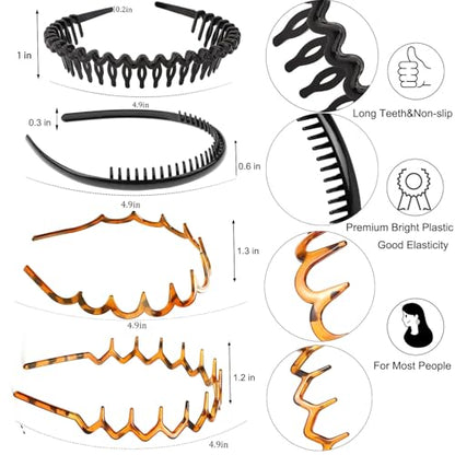 ULTIMUTE 8 PCS Fashion Effortless Plastic Headbands with Teeth Comb Black Skinny Headbands No Slip Hair Accessories Bands for Women Men Teen Girls, Leopard&Bright Black - color: Leopard&Bright Black