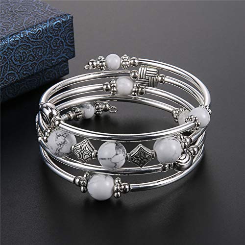 Beaded Pearl Bangle Wrap Bracelet - Fashion Bohemian Jewelry Multilayer Charm Bracelet with Thick Silver Metal Beads, Gift For Women - color: Howlite