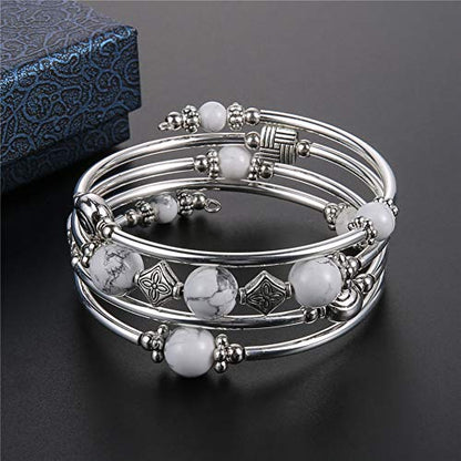 Beaded Pearl Bangle Wrap Bracelet - Fashion Bohemian Jewelry Multilayer Charm Bracelet with Thick Silver Metal Beads, Gift For Women - color: Howlite
