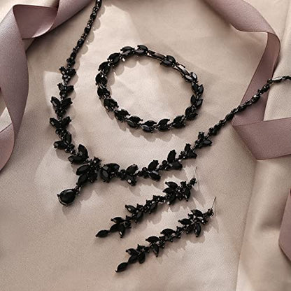 EVER FAITH Marquise Crystal Leaf Bridal Prom Jewelry Set for Women Bride | Rhinestone Wedding Party Necklace Dangle Earrings Tennis Bracelet, for Bridesmaid - color: Black Black-Tone