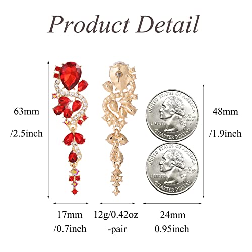 Fashion Rhinestone Statement Drop Dangle Earrings Long Colorful Crystal Bridal Wedding Teardrop Chandelier Earrings for Women Prom Pageant - color: Red