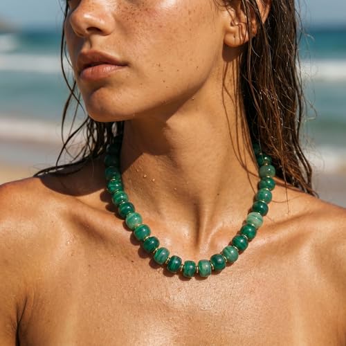 SHERLOVE Chunky Statement Large Resin Beaded Choker Necklaces for Women | Big Lightweight Bead Beaded Necklace Trendy Fashion Boho Summer Beach Vacation Jewelry - color: Beaded Choker Green