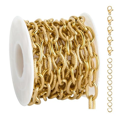 UMAOKANG Gold Plated Chains for Jewelry Making Stainless Steel Oval Chain | 2 Yard Embossed Oval Chains on Spool Jewelry Making Chain Bulk Chunky Chain Roll - color: Oval (Gold)