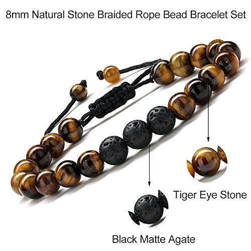 M MOOHAM Mens Bracelet - Beaded Natural Stone 8mm Tiger Eye Matte Agate Lava Rock Bracelets for Men Teen Boys Grandpa Dad Birthday Gifts Jewelry - style: Tiger eye Lava Rock Bracelet