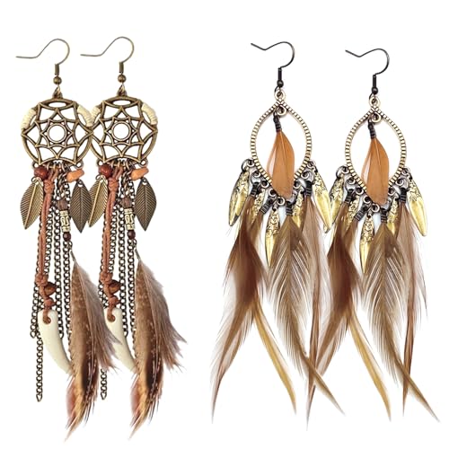 2 Pairs Brown Dream Catcher Feather Earrings for Women Bohemian Vintage Tassel Drop Dangle Earrings Ethnic Long Fringe Dreamcather Earring for Women Ear Jewelry - QC