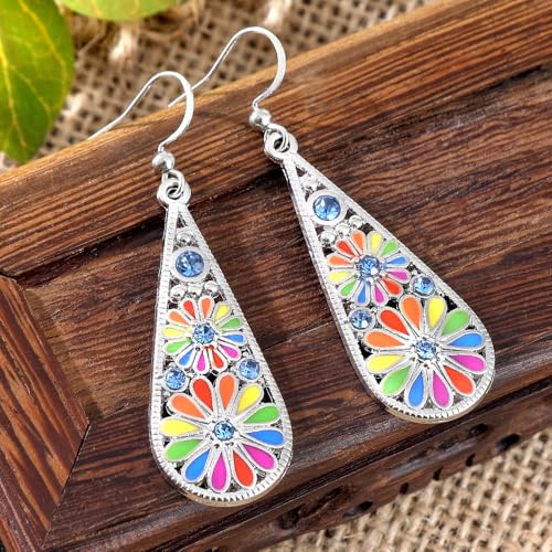 Bohemian Crystal Teardrop Dangle Earrings, Copper, Tribal Geometric Design, Handmade National Style for Women - color: Rainbow