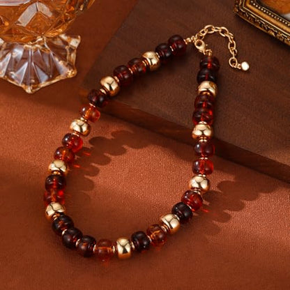 Resin Chunky Colorful Beaded Necklace | Adjustable Boho Statement Necklace,Summer Beach Party Jewelry - color: Brown