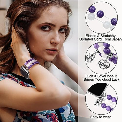Newlibery Natural Stone Bracelet Beaded-Bands Women Compatible with Apple Watch 38mm 40mm 41mm 42mm (S10/11) Feminine Cute Handmade Stretch Strap for iWatch Series 11/10/9/8/7/6/5/4/3/2/1 SE 3/2/1 - color: A4 Amethyst Quartz, size: 38/40/41/42mm(s10/11)