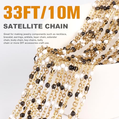 33FT 2mm Gold Cable Chains Black White Enamel Chain Bulk for Jewelry Making | 18K Gold PVD Plated Stainless Steel Enamel Beaded Chains Roll for Necklace Bracelet - color: Gold White Black Beads