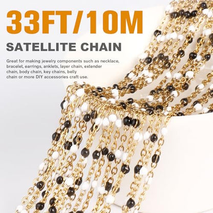 33FT 2mm Gold Cable Chains Black White Enamel Chain Bulk for Jewelry Making | 18K Gold PVD Plated Stainless Steel Enamel Beaded Chains Roll for Necklace Bracelet - color: Gold White Black Beads