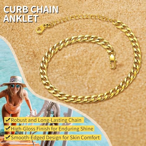 ChainsHouse Ankle Bracelets for Women, Stainless Steel Beaded Chain Ankle Bracelet, Womens Heart Anklets for Summer Beach Jewelry Gifts - color: C: cuban-5mm-gold