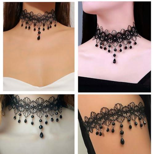 Wide Black Lace Choker Necklace Gothic Lace Pearl Tassel Necklace Short Hollow Flower Tattoo Necklaces Waterdrop Rhinestone Necklaces Halloween Wedding Party Jewelry - style: Style1