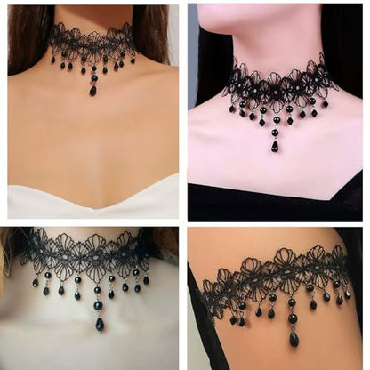 Wide Black Lace Choker Necklace Gothic Lace Pearl Tassel Necklace Short Hollow Flower Tattoo Necklaces Waterdrop Rhinestone Necklaces Halloween Wedding Party Jewelry - style: Style1