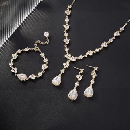 Teardrop Marquise Cubic Zirconia Wedding Prom Jewelry Set for Women Bridal | Silver/Gold/Rose Gold Plated, Pear Cut Pendant Necklace Drop Earrings Link Bracelet, for Bride Bridesmaid, for Banquet Party - style: A_Three Set, Gold-Tone