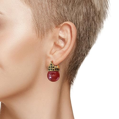 Glass Pearl Earrings Crystal Accent Crown Shape for Wedding, Bridal, Formal & Fashion - color: Red/Gold