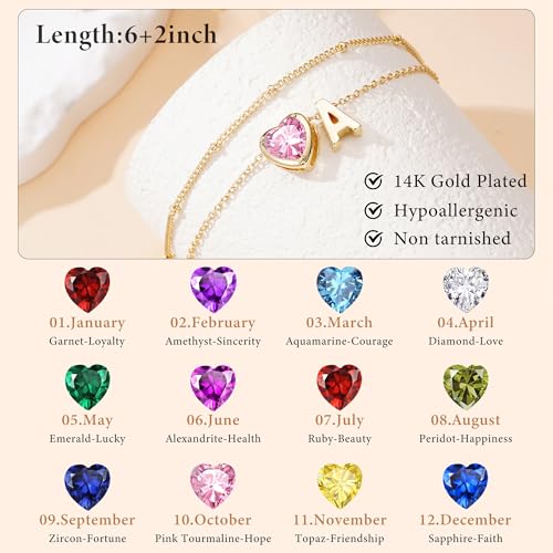 14K Gold Plated Heart Initial Birthstone Gold Bracelets for Women | Dainty Heart Letter A-Z Charm Layered Bracelets Birthday Trendy Jewelry Gifts for Women - color: R