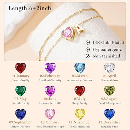 14K Gold Plated Heart Initial Birthstone Gold Bracelets for Women | Dainty Heart Letter A-Z Charm Layered Bracelets Birthday Trendy Jewelry Gifts for Women - color: P