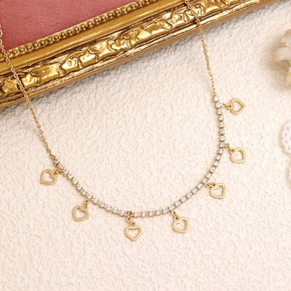 Silver Heart Charm Link Anklet for Women, Adjustable Handmade Cubic Zirconia Stackable Waterproof Summer Beach Chain Anklets Jewelry Accessories Gift - color: Gold Hollowed Heart