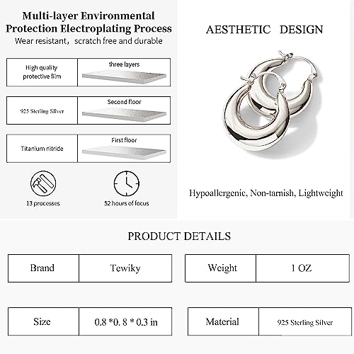 Chunky Gold Hoop Earrings for Women 14k Gold Plated Thick Triple Earrings | Hypoallergenic Trendy Chunky Gold Hoops Earrings,Dainty Jewelry Gifts for Women - style: Silver Tapered Hoop Earring