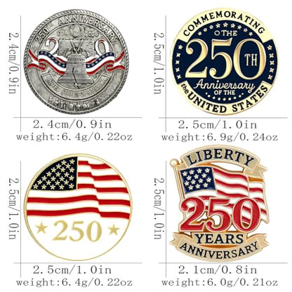 250 Patriotic Pins Set 4PCS 250th Anniversary Lapel Pins for Women Men 1776-2026 American Flag Liberty Bell Brooch Set Independence Day Enamel Pins for July 4th Patriotic Accessories