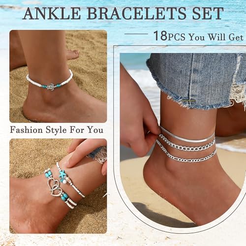 21PCS Gold Ankle Bracelets for Women, Boho Shell Bead Cuban Link Chain Waterproof Gold Anklets Set, Adjustable Layered Anklets for Women Beach Jewelry Gift - color: Silver
