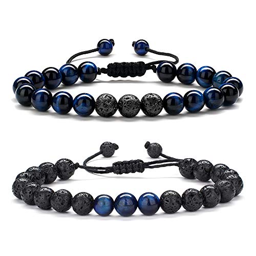 M MOOHAM Mens Bracelet - Beaded Natural Stone 8mm Tiger Eye Matte Agate Lava Rock Bracelets for Men Teen Boys Grandpa Dad Birthday Gifts Jewelry - style: Blue Tiger Eye&Lava Rock Bracelets