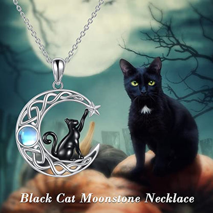 925 Sterling Silver Moon Black Cat Necklace for Women Cat Jewelry - style: A-Black Cat Moonstone Necklace