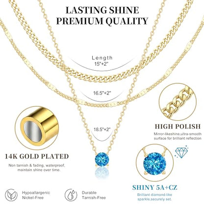 WomenGifts Layered Gold Necklaces for Women, 14K Gold Sterling Silver Plated Dainty Pendant Necklace Set Non Tarnish, Chunky Stackable Cuban Chain Choker, Trendy Birthstone Vacation Jewelry Gift - color: Gold, style: Cubic Zirconia-Created Aquamarine-Mar