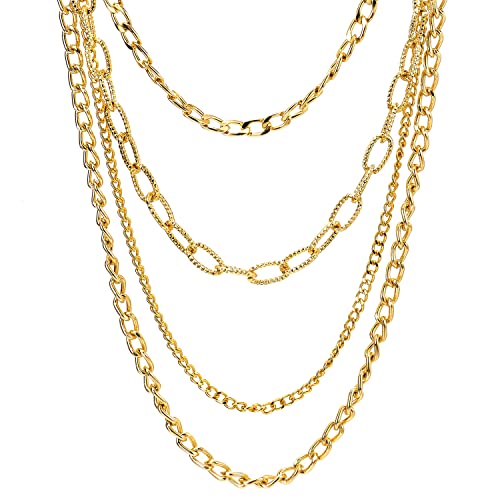 COOLSTEELANDBEYOND Statement Necklace Waterfall Multi-Strand Curb Link Rolo Chains, Punk Rock Cool, Light Weight - color: A-Color: 18K Gold-Plated