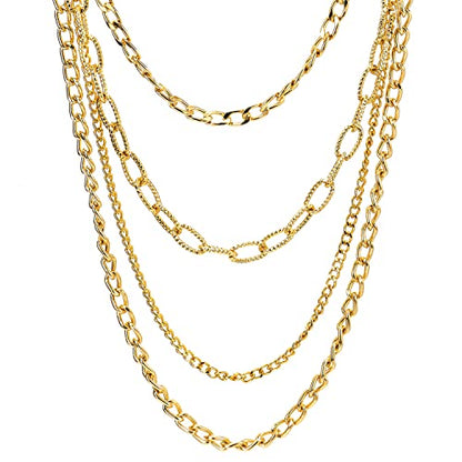 COOLSTEELANDBEYOND Statement Necklace Waterfall Multi-Strand Curb Link Rolo Chains, Punk Rock Cool, Light Weight - color: A-Color: 18K Gold-Plated