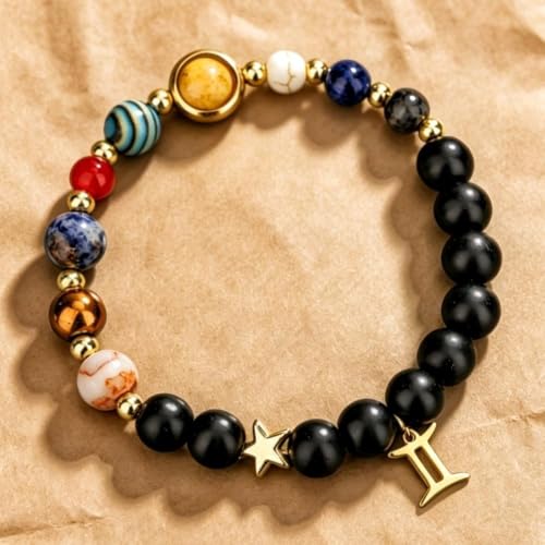 Solar System Planet Bead Zodiac Sign Stretch Bracelet for Men Women | Matte black beads with solar system planet stones, unisex design, perfect birthday holiday gift for men women - color: gemini