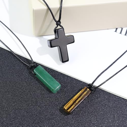 FANASY Natural Gemstone Pendant Necklace for Men Healing Crystal Pendant Adjustable Black Rope Necklace Jewelry Gifts for Women Men - color: Y- Style 1