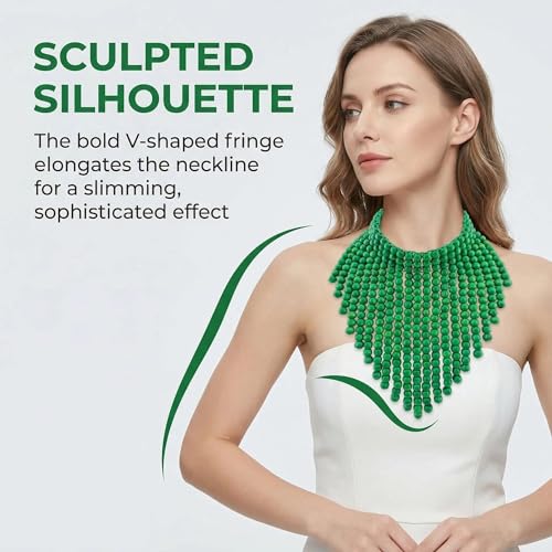 Coiris Boho African Wooden or Acrylic Beaded Bib Statement Necklace Strands Layered Cluster Chunky Collar Choker Wood Necklace for Women Fashion Costume Jewelry - color: Green