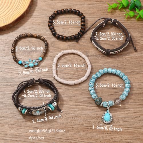 Western Outfits for Women Turquoise Western Bracelets Bohemian Vintage Stackable Beaded Leather Bracelets Adjustable Hand-woven Layered Bracelet Western Country Concert Jewelry for Women - style: Turquoise Flower
