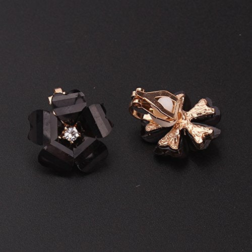 Silver Plated or Gold Plated Opal Flower Shape Clip on Earrings Non Piercing for Women - color: Black