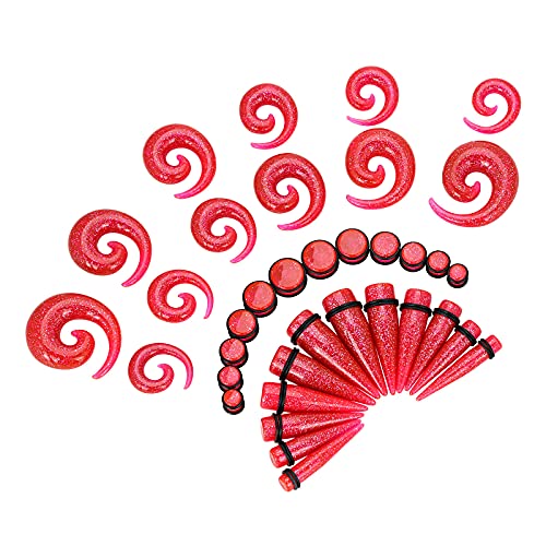 Qmcandy 00G-20mm Ear Stretching Kit 36PCS Big Gauge Taper Kit Large Acrylic Tunnel Plug Spiral Set - color: 36pcs, Glitter Pink