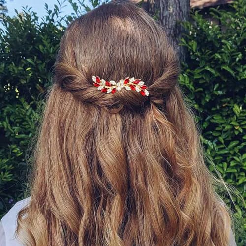 Bridal Crystal Hair Comb Small Wedding Alloy Rhinestone Party Prom Hair Piece Accessories Elegant for Women Girls (Red + Gold) - color: Red + Gold