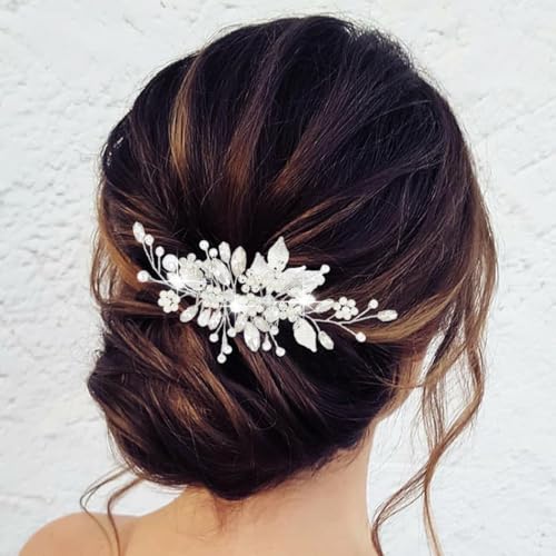 Catery Bridal Hair Comb Silver Prom Piece Wedding Accessories for Brides | Rhinestone Bride Hair Accessory Pieces Pearl Side Clip Leaf Decorative Hair Combs Headpiece Bridesmaid